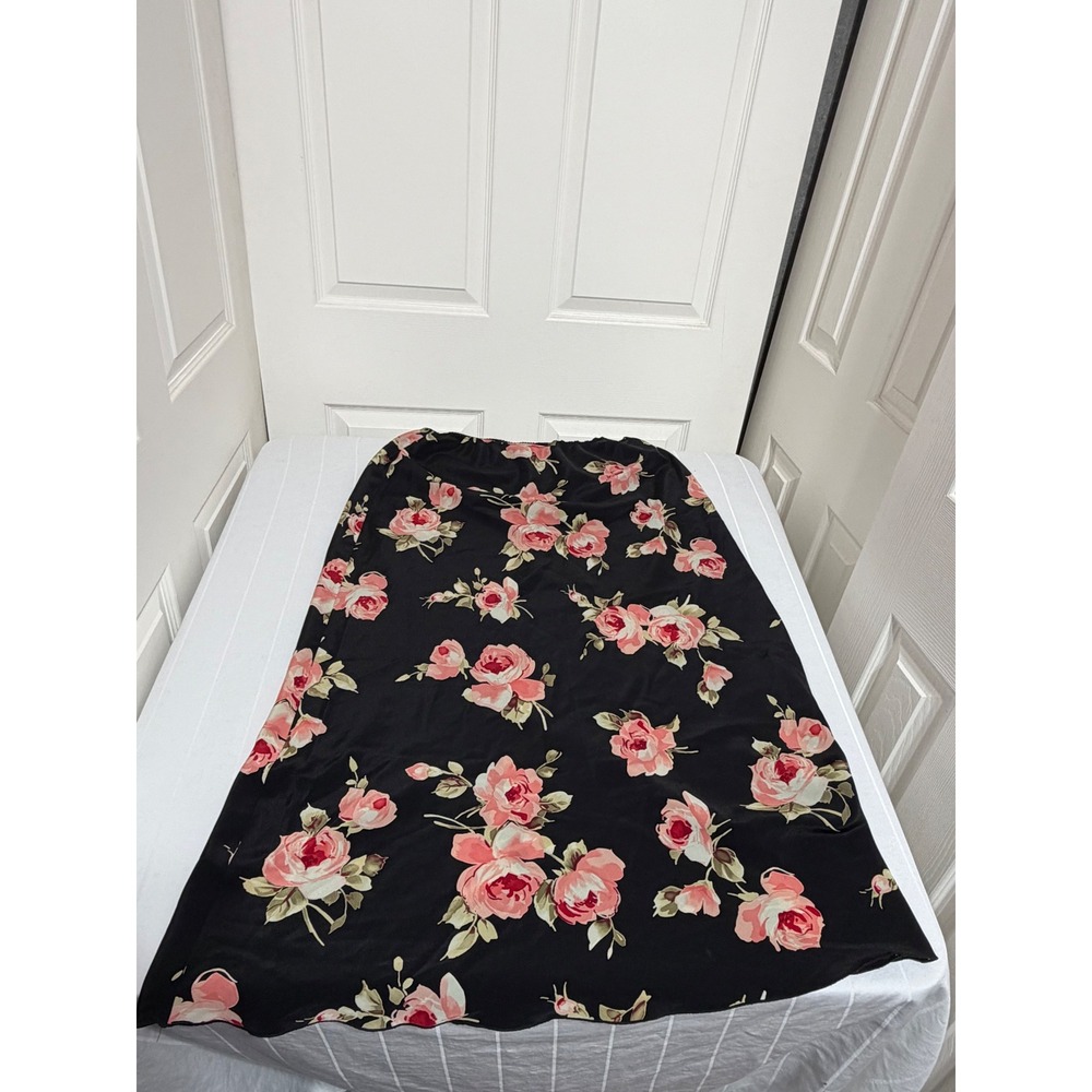 Junction West Womens XL Black Pink Floral Rose Satin Maxi Skirt Elastic Waist